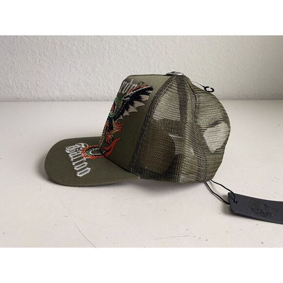 Ed Hardy Trucker Hat Embroidered Rhinestone Dragon Tattoo Snapback Cap Green NEW - Picture 8 of 14